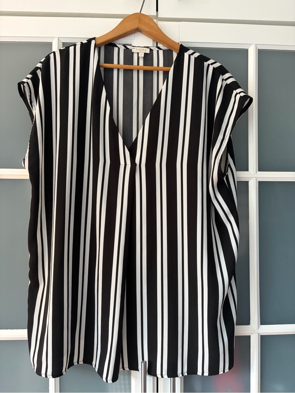 Sleeveless Black and White Vertical Stripe V-Neck Tunic
